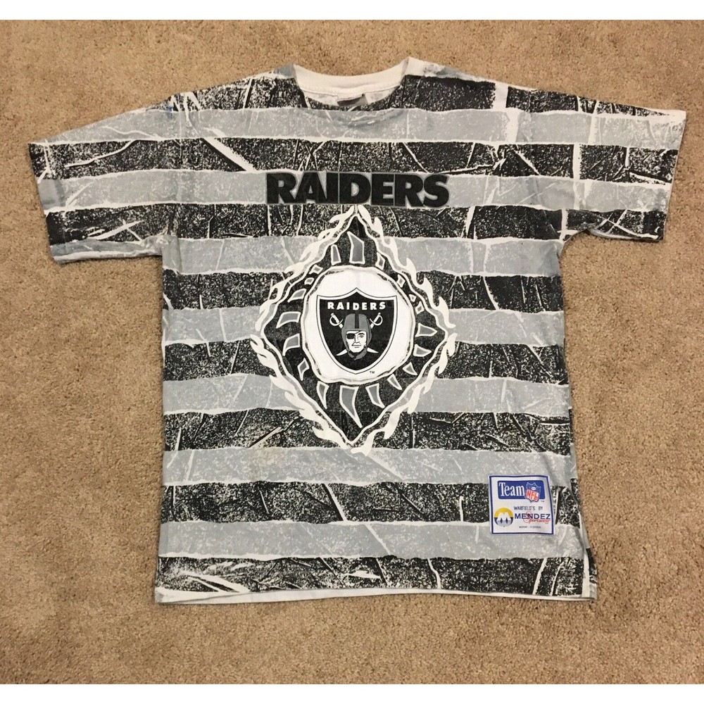 Vintage Mendez Sportswear 90s Raiders All Over Single Stitch T Shirt Size Large